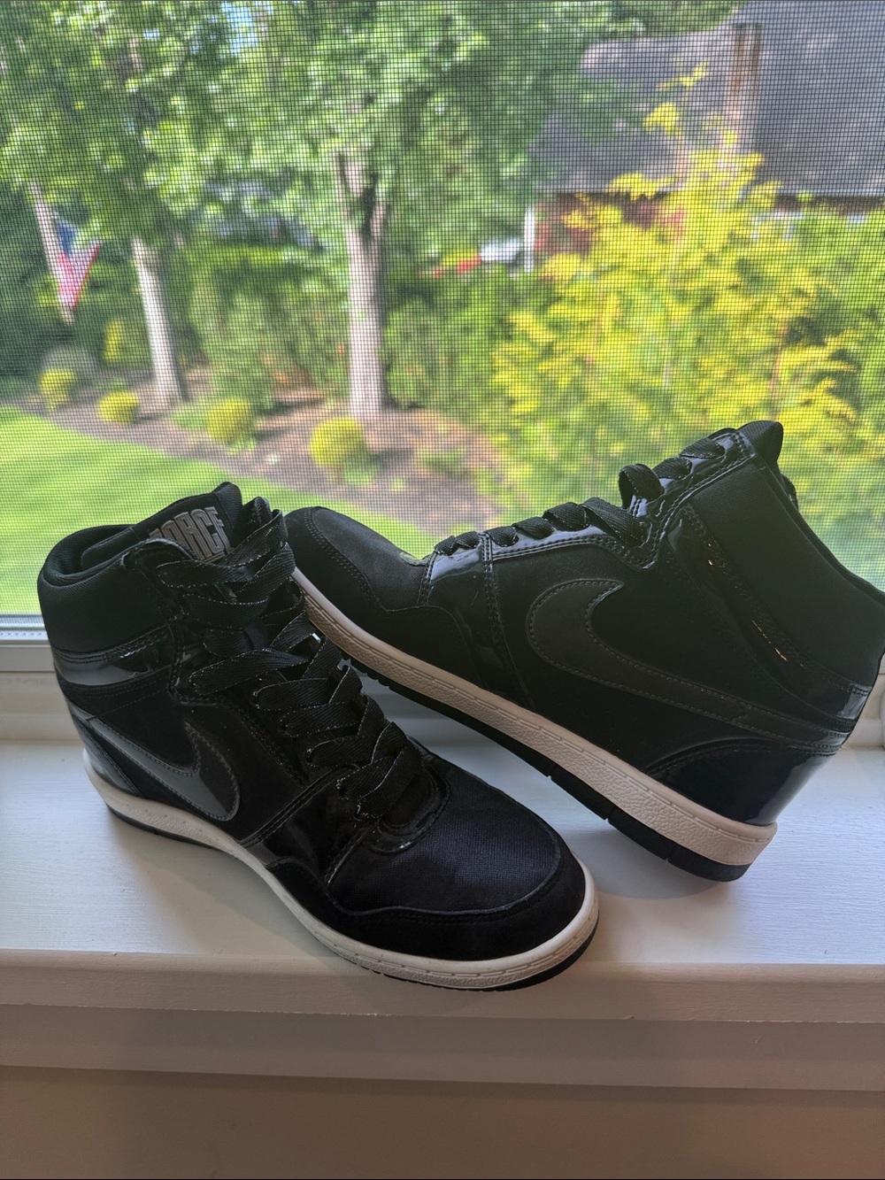 Nike Force Dunk Sky High Hidden Wedge Women’s Black Patent and White Sneakers 9
